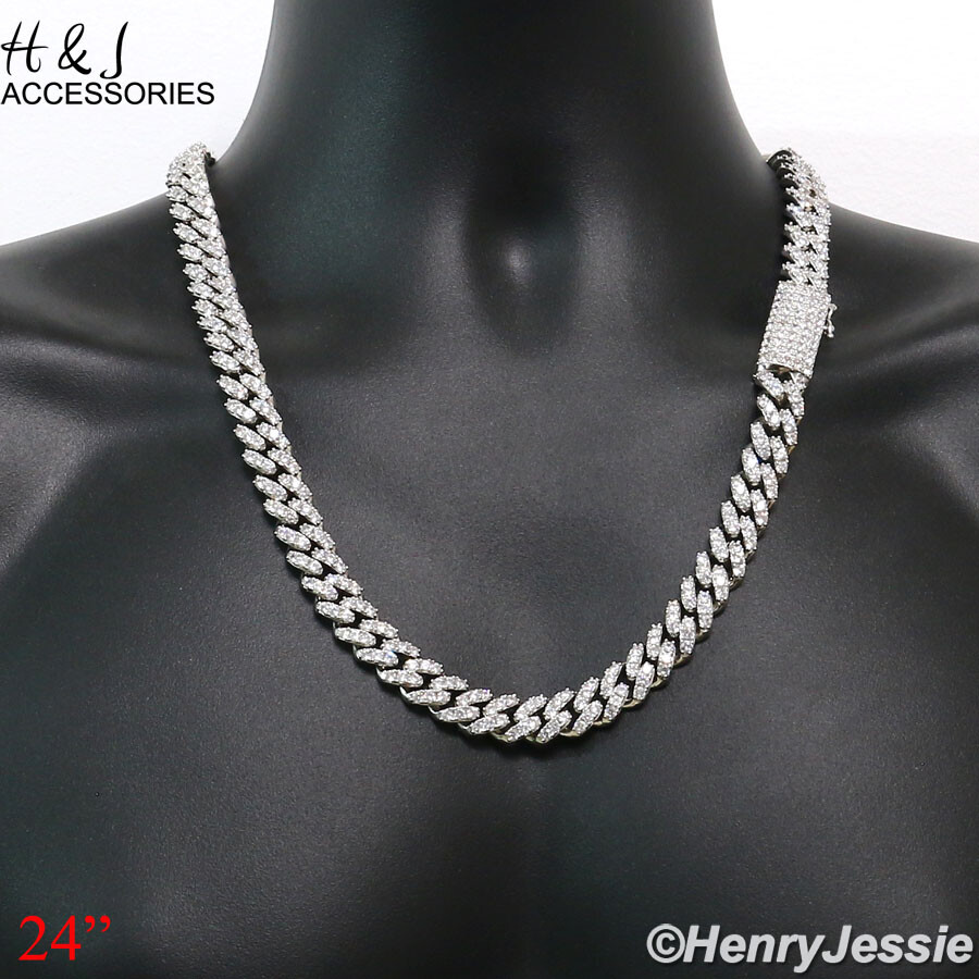 MEN 14K WHITE GOLD PLATED 18″-24″X12MM CZ PRONG SET CURB CHAIN NECKLACE*ABN5