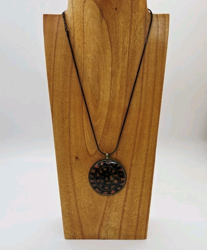 Black & Orange Multicolored enamel Medallion Pendant Necklace Art Deco 18 in