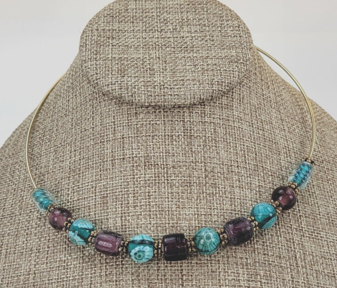 Purple And Green Glass Bead Wire Choker Necklace 15 in Gold Tone