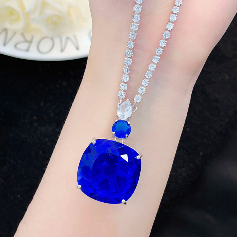 New 25mm Big Blue Topaz Citrine Gems Luxury Women Party Silver Necklace Pendant