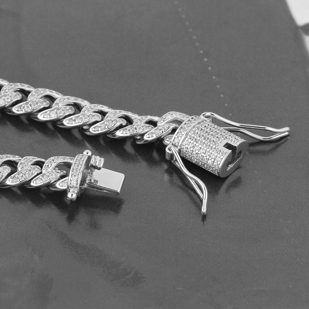 13mm White Gold Plate Stainless Steel Miami Cuban Link Chain CZ NecklaceBracelet