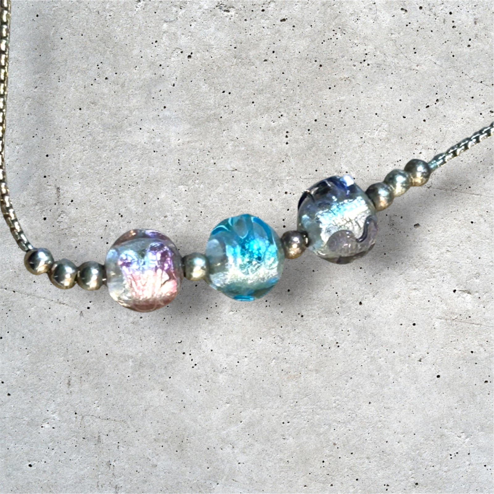 Sterling Silver Venetian Box Chain Necklace – Dichroic Art Glass Beads – 925