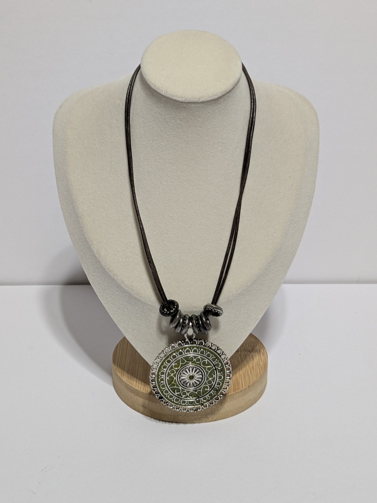 Faux Leather Brown Necklace With Silver Tone & Green Enamel Medallion Pendant