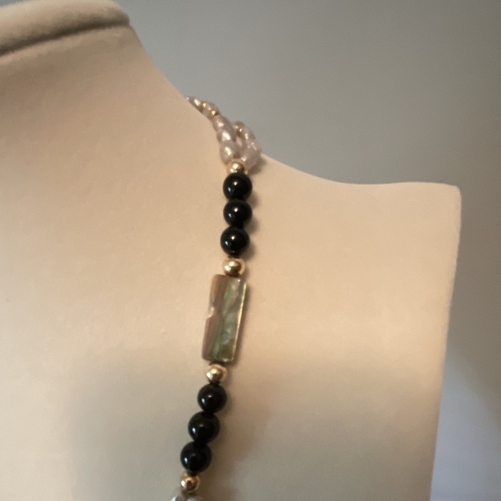 18 in Sterling silver black and white onyx/ seed pearls and abalone necklace