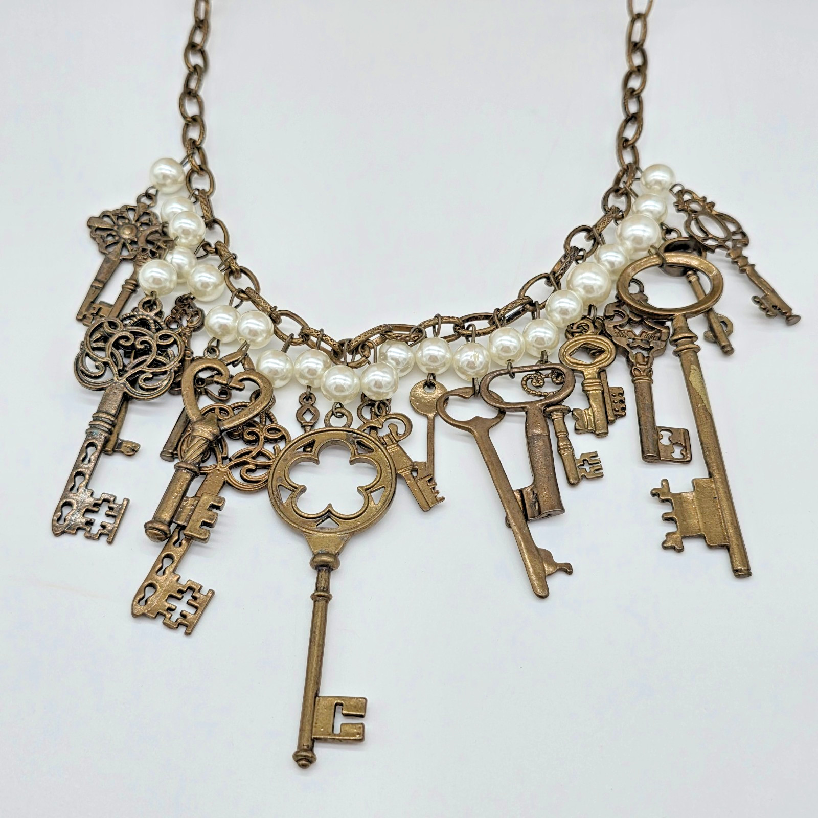 Plunder QUINCY Antique Bronze Fringe Necklace Pearls Brass Skeleton Keys 36”