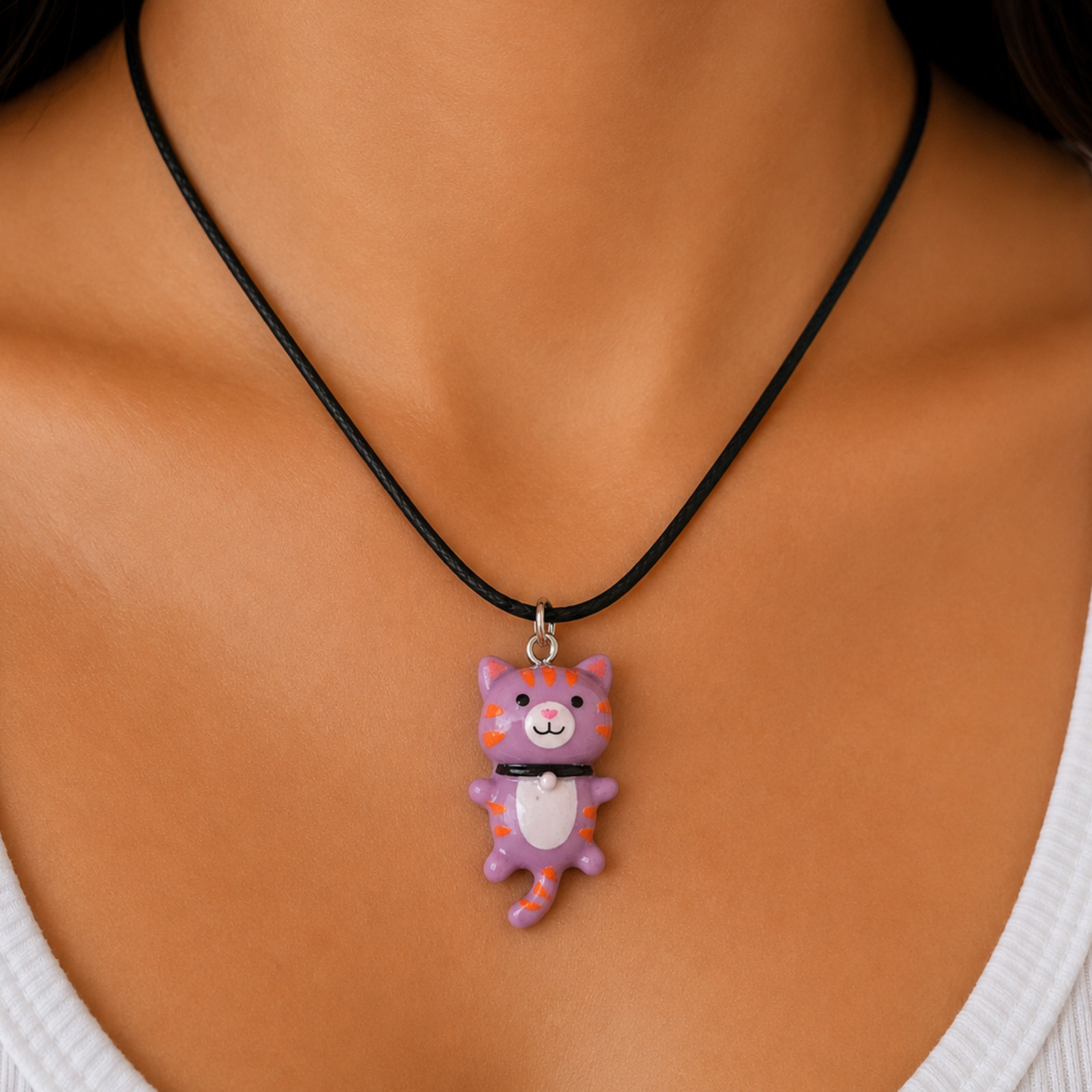 Purple Gray Cat Pendant Black Cord Necklace Cute Acrylic Kitty Charm Animal Gift