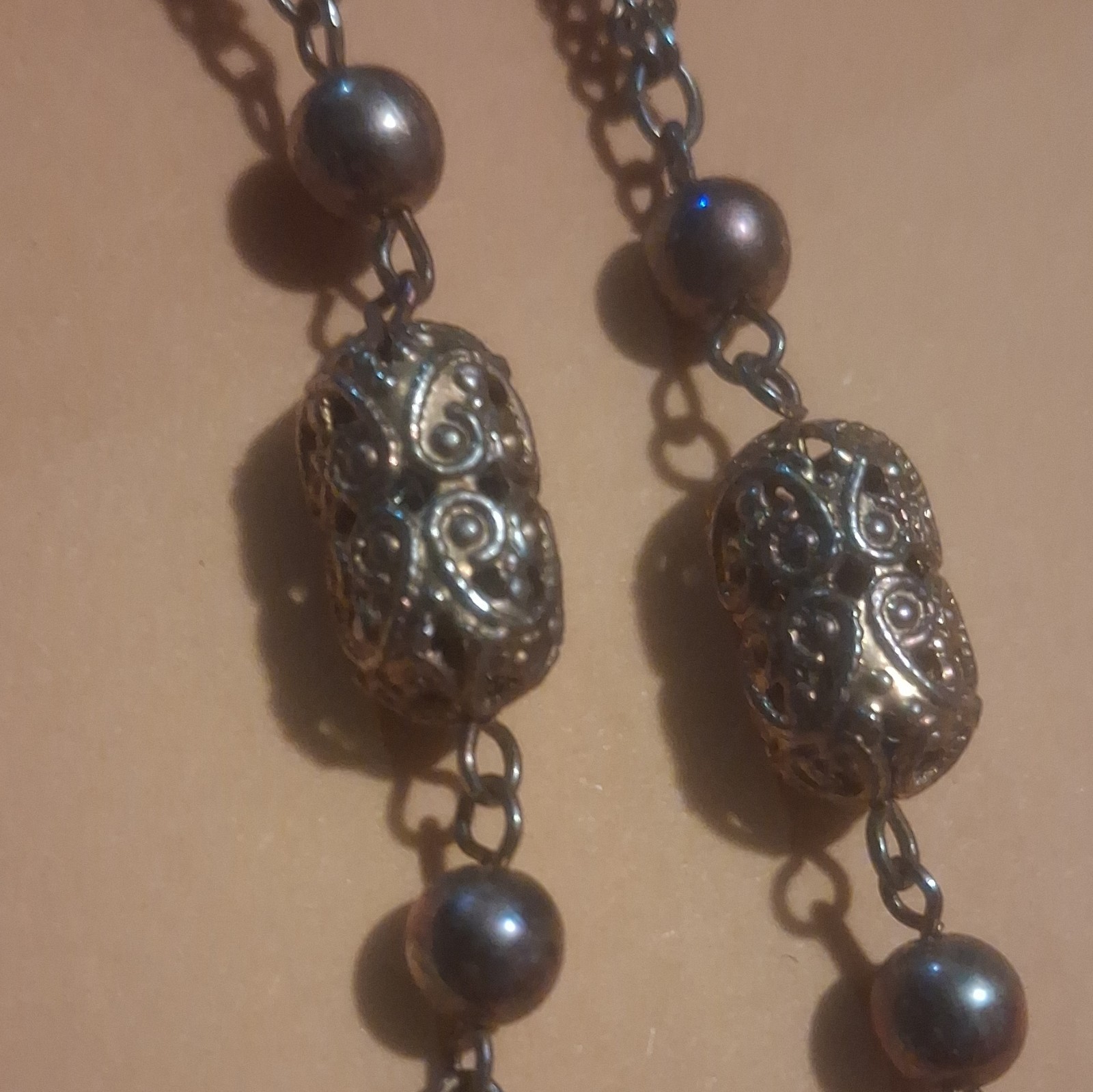 Silver Tone Rope Chain Beaded Necklace, Black/Gray Barrel Beads, Spring Ring