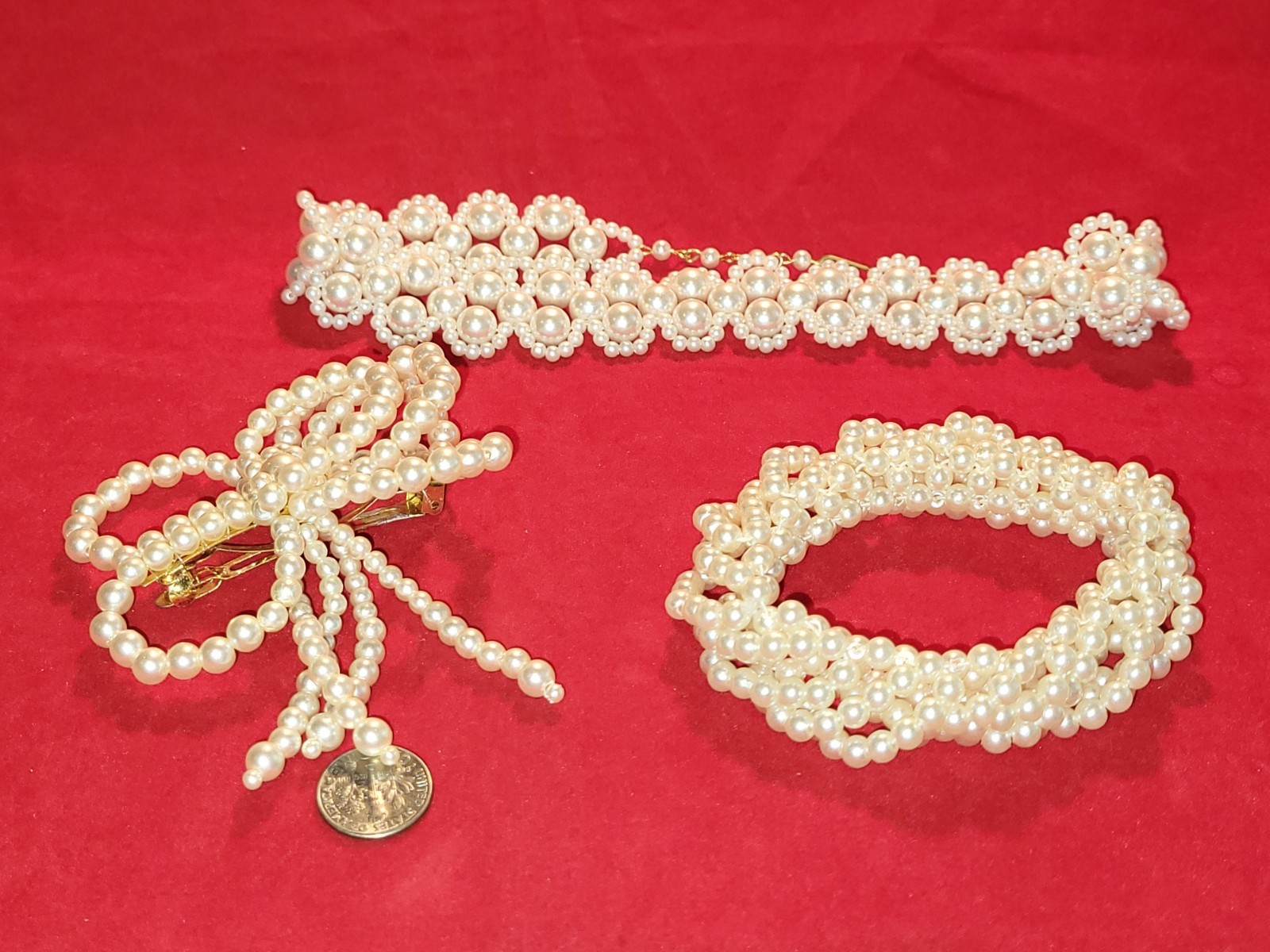 Three Piece Faux Pearl Set-Bracelet, Barrette and Choker Necklace