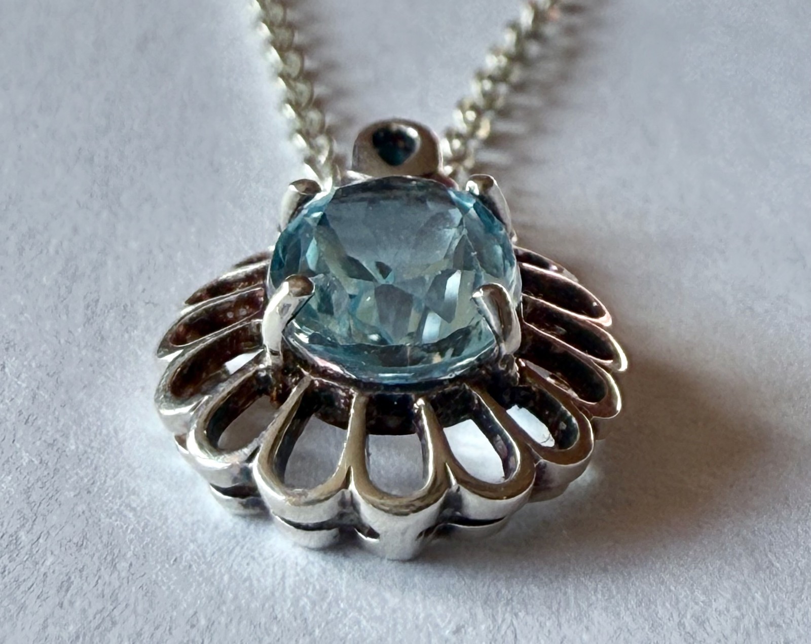 Vintage Faceted Pale Blue Pendant Necklace w/ 18″ Silver Toned Chain