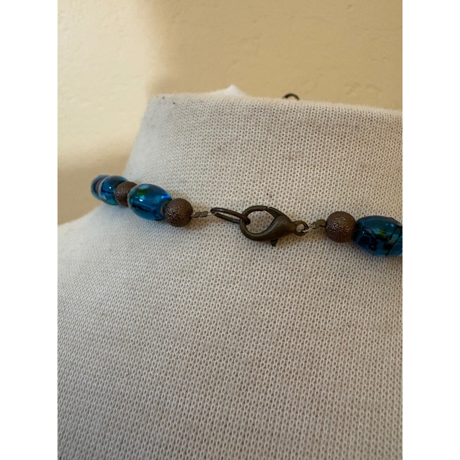 Blue Swirl Art Glass Bead Statement Necklace Bronze Tone Lobster Clasp Boho
