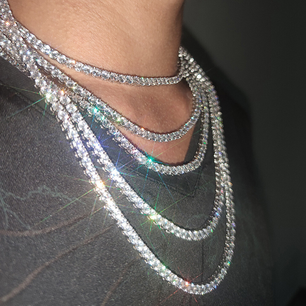 Hip Hop Tennis Chain Necklace 18K Real Gold Plated Full 5A Zircon Spring Clasp