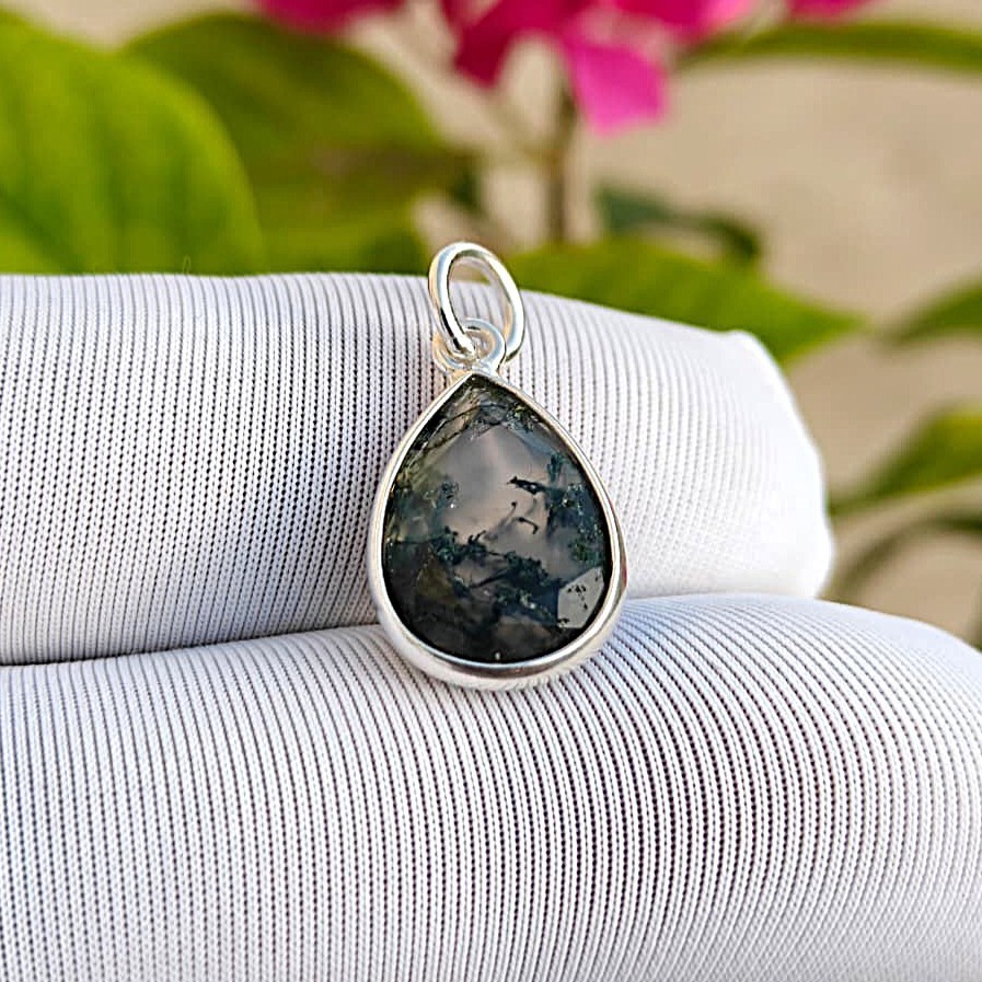 Natural Pear Moss Agate Gemstone Charm Pendant 925 Solid Silver Jewelry for All