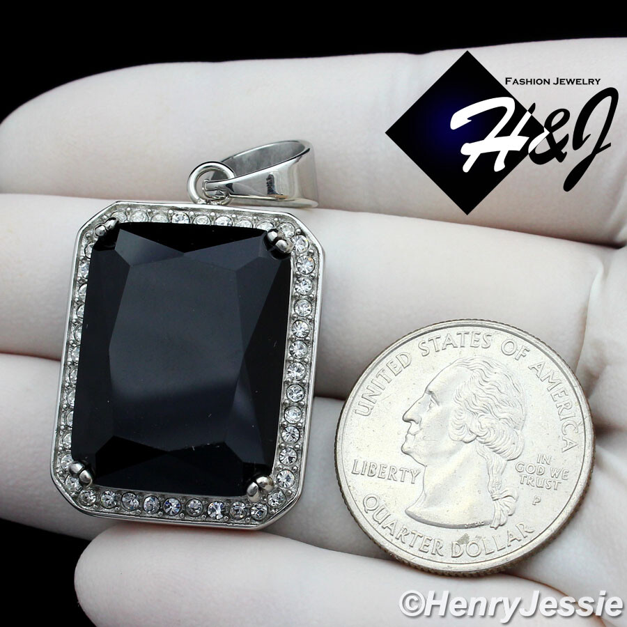 MEN’s Stainless Steel BLING Cubic Zirconia Silver Black Onyx Charm Pendant*SP103