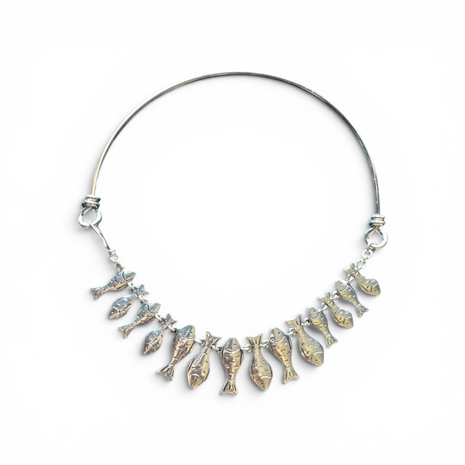 Vintage Style Silver Tone Fish School Charm Collar Necklace Coastal Nautical Fun
