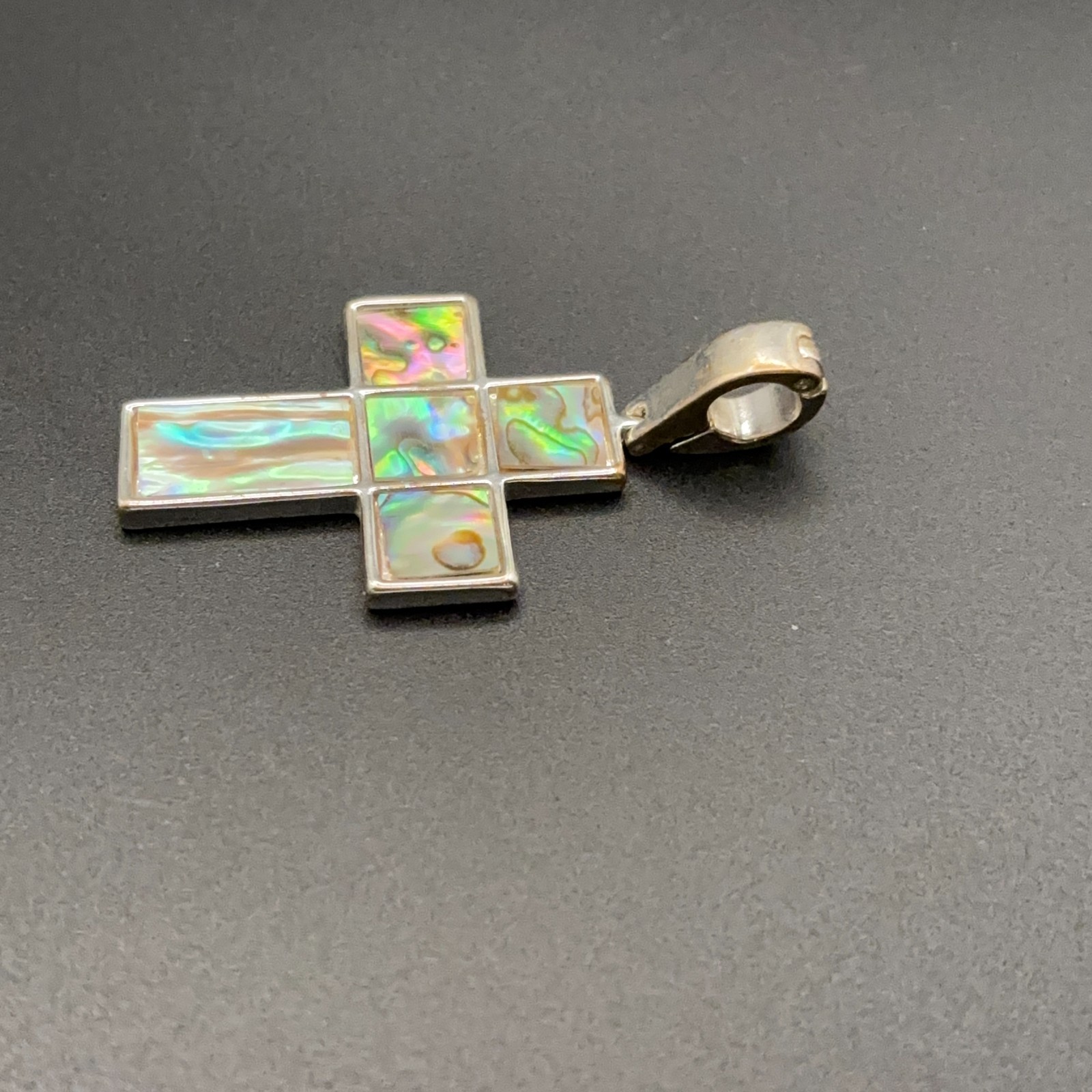 Silver Tone Abalone Shell Inlay Cross Pendant Hinged Bail
