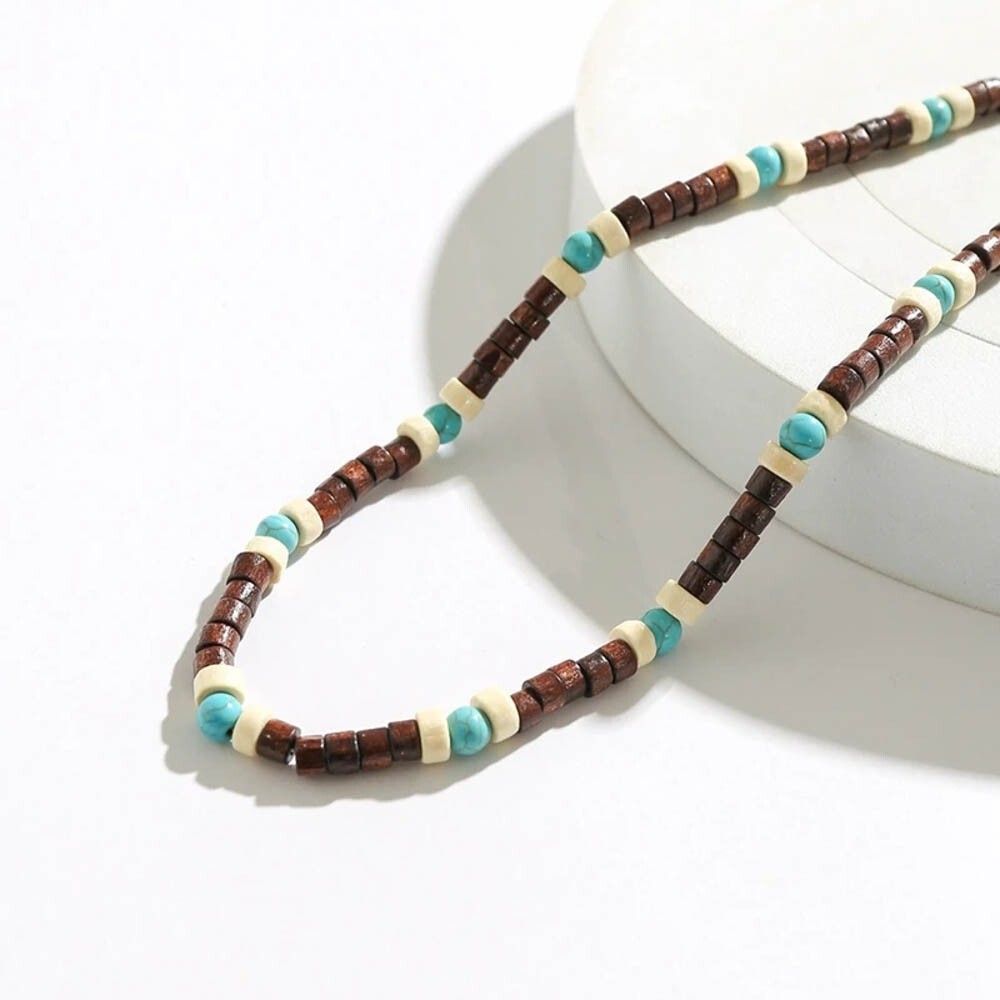Mens Wood Beaded Necklace Turquoise Boho Surfer Choker Adjustable Chain Gift