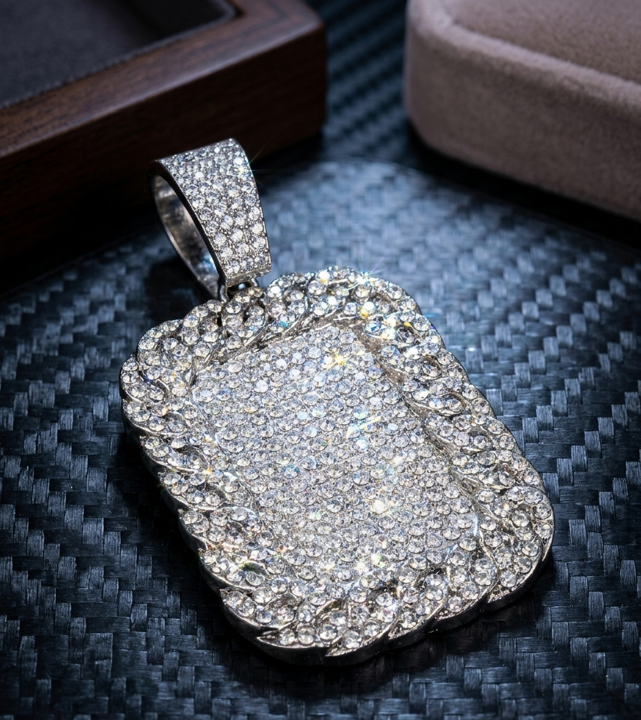 Men’s Full Iced Bling Dog Tag Pendant Stainless Steel 14K White Gold Plating