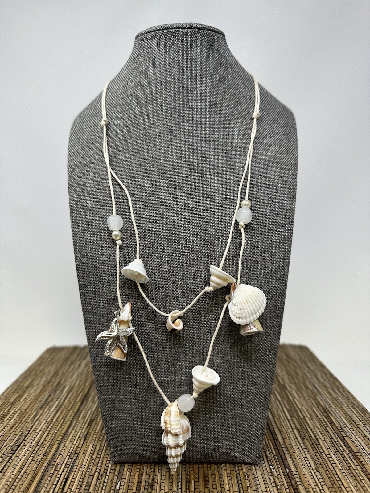 Boho Beach Adjustable Seashell Necklace w/ Starfish Charms & Beads 22-26″