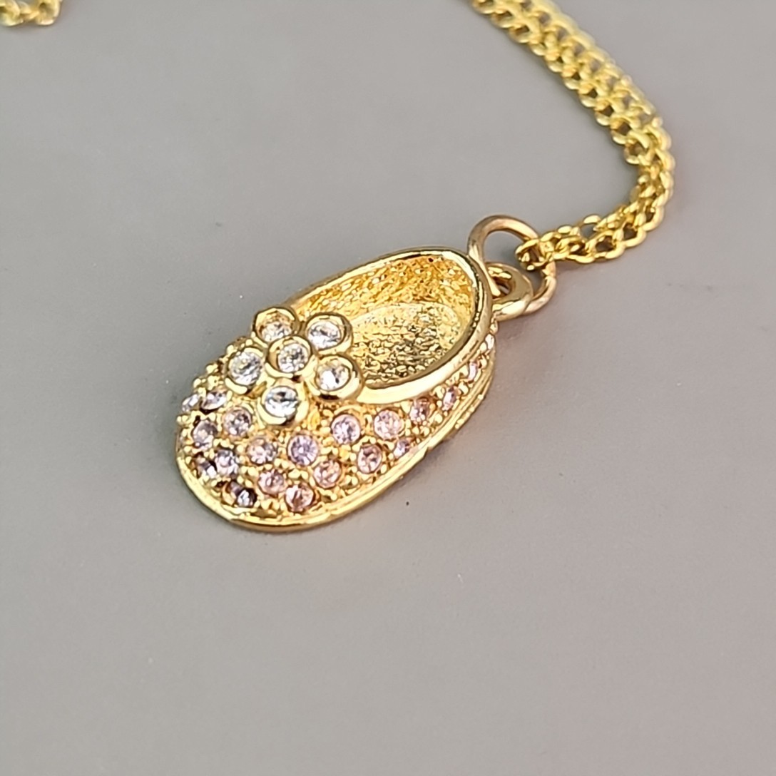 Firenza Baby Shoe Charm Necklace May Birthstone Clear Rhinestones Gold Tone 17mm