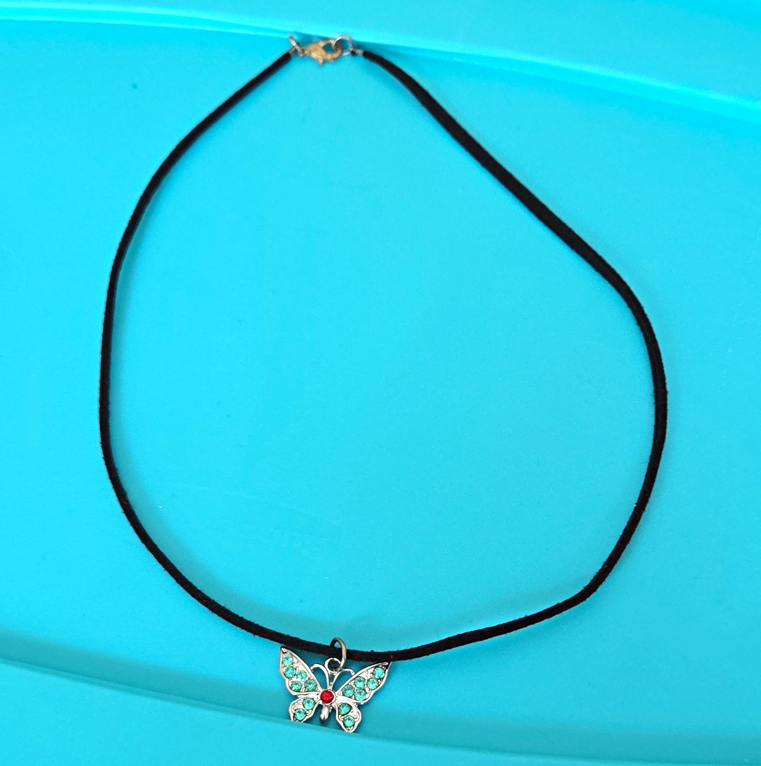 Black Cord Choker Necklace, Silver Tone Enamel Butterfly Charm Pendant
