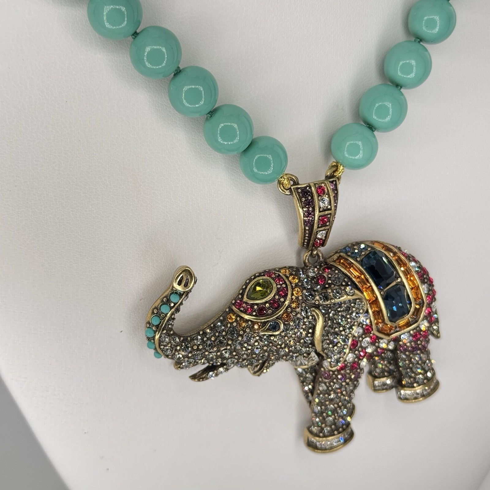 Signed Heidi Daus Turquoise Bead Necklace with Pavé Swarovski Crystal Elephant