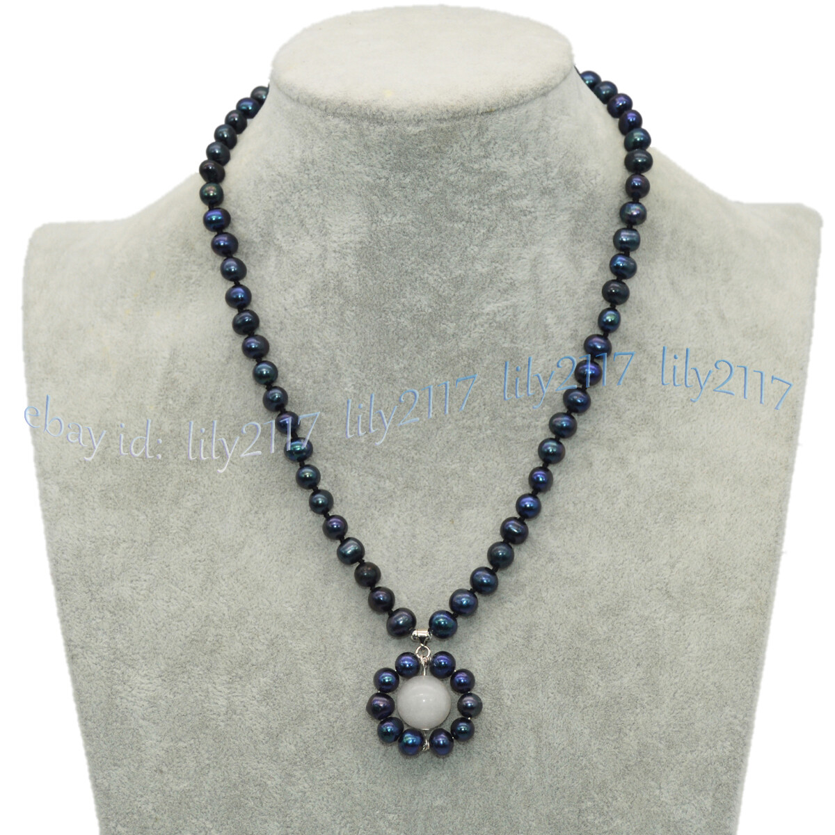 Natural 6-7mm Black Freshwater Pearl Round White Jade Gems Pendant Necklace 18”
