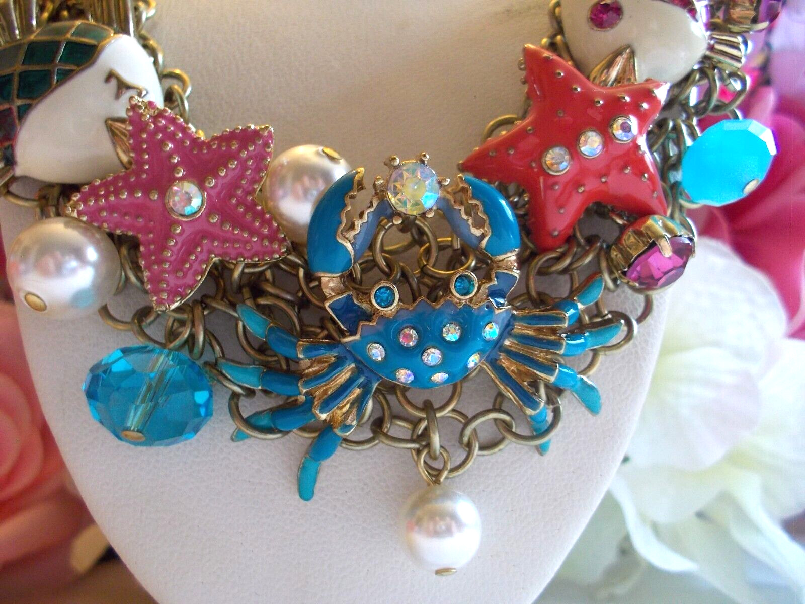 BETSEY JOHNSON LOVELY SEA LIFE CRYSTAL AND ENAMEL MULTICHARM STATEMENT NECKLACE