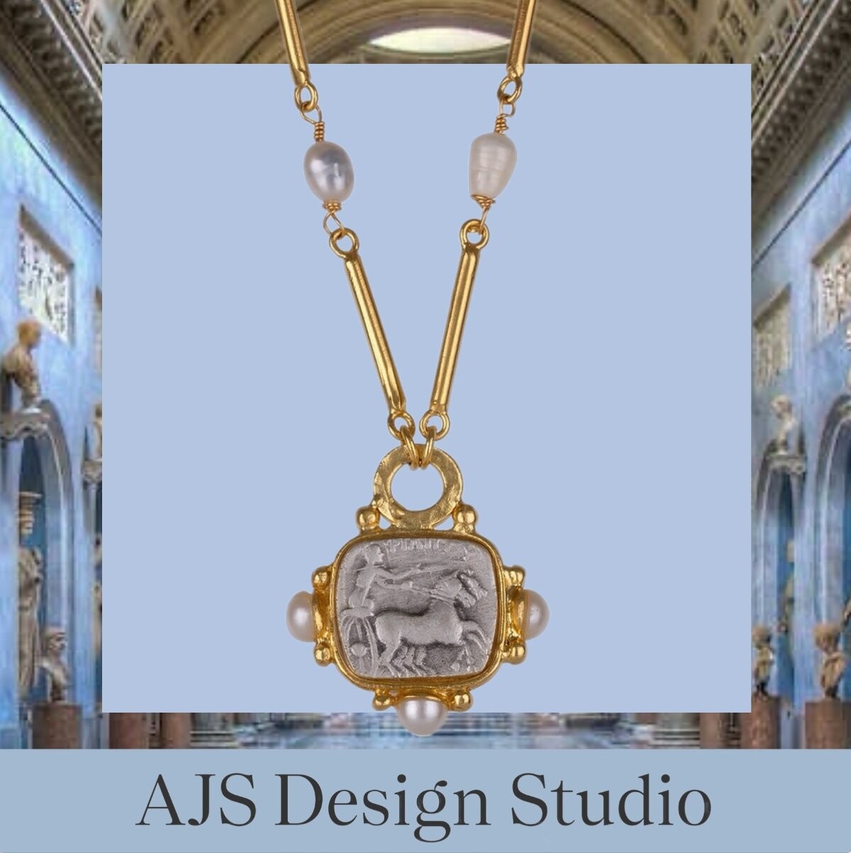 AJS Designs Roman Coin Necklace Pearl Gold Bar 22kt GP Gift