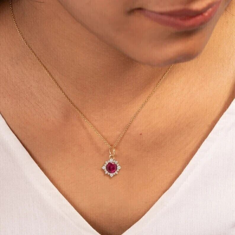 Round Cut Simulated Pink Ruby Women’s Stunning Pendant In 14K Yellow Gold Plated