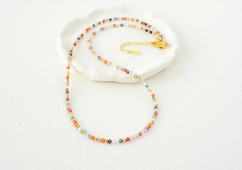 Multi Tourmaline Faceted Round Gemstone Gold Filled Beads Choker Necklace 18”