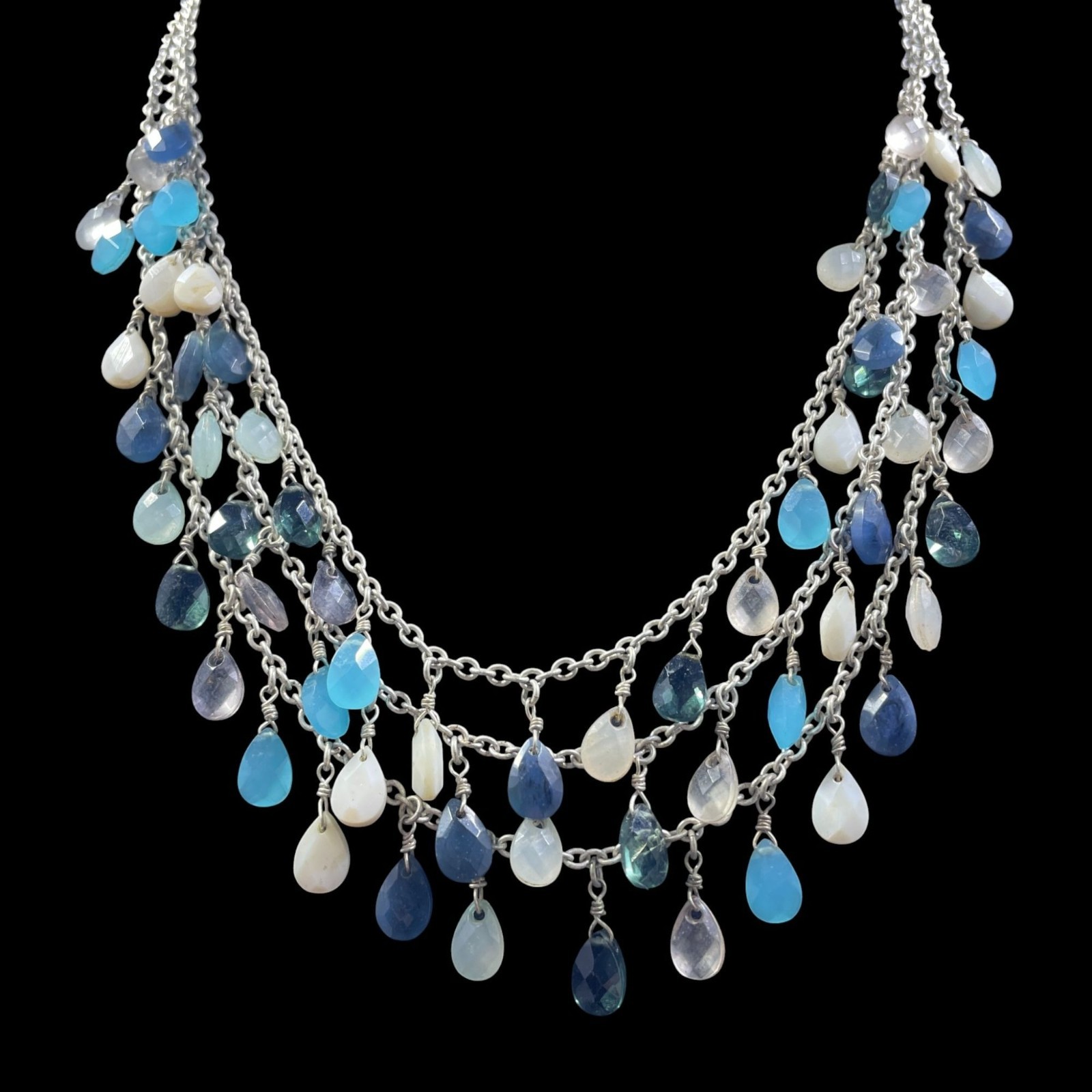 Boho Mermaidcore Layered Gemstone Dangle Necklace Silver Tone Coastal Resort