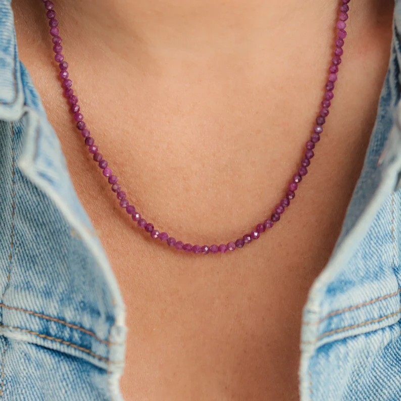 Natural Ruby Choker 2mm Crystal Gemstone Beads Dainty Choker Necklace Minimalist