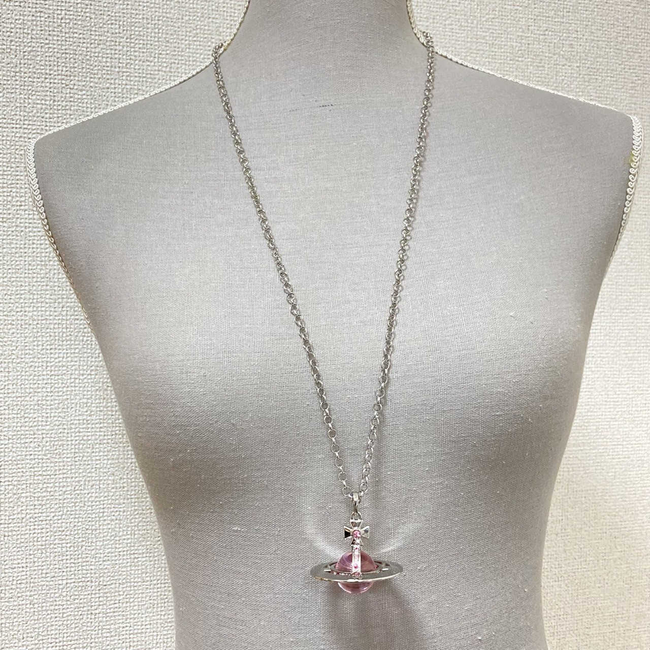 Vivienne Westwood Necklace Small Orb Silver Pink Chain 80cm Top 4.5cm NO BOX
