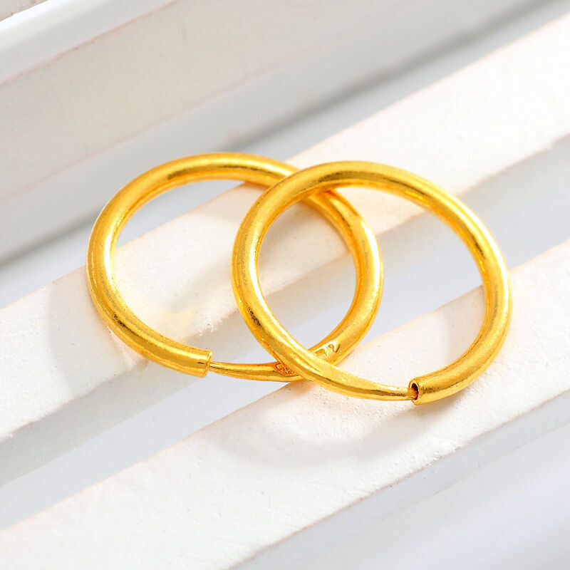 New Authentic 24K Yellow Gold Earrings Women’s Elegant Smooth Hoop Earrings 12mm