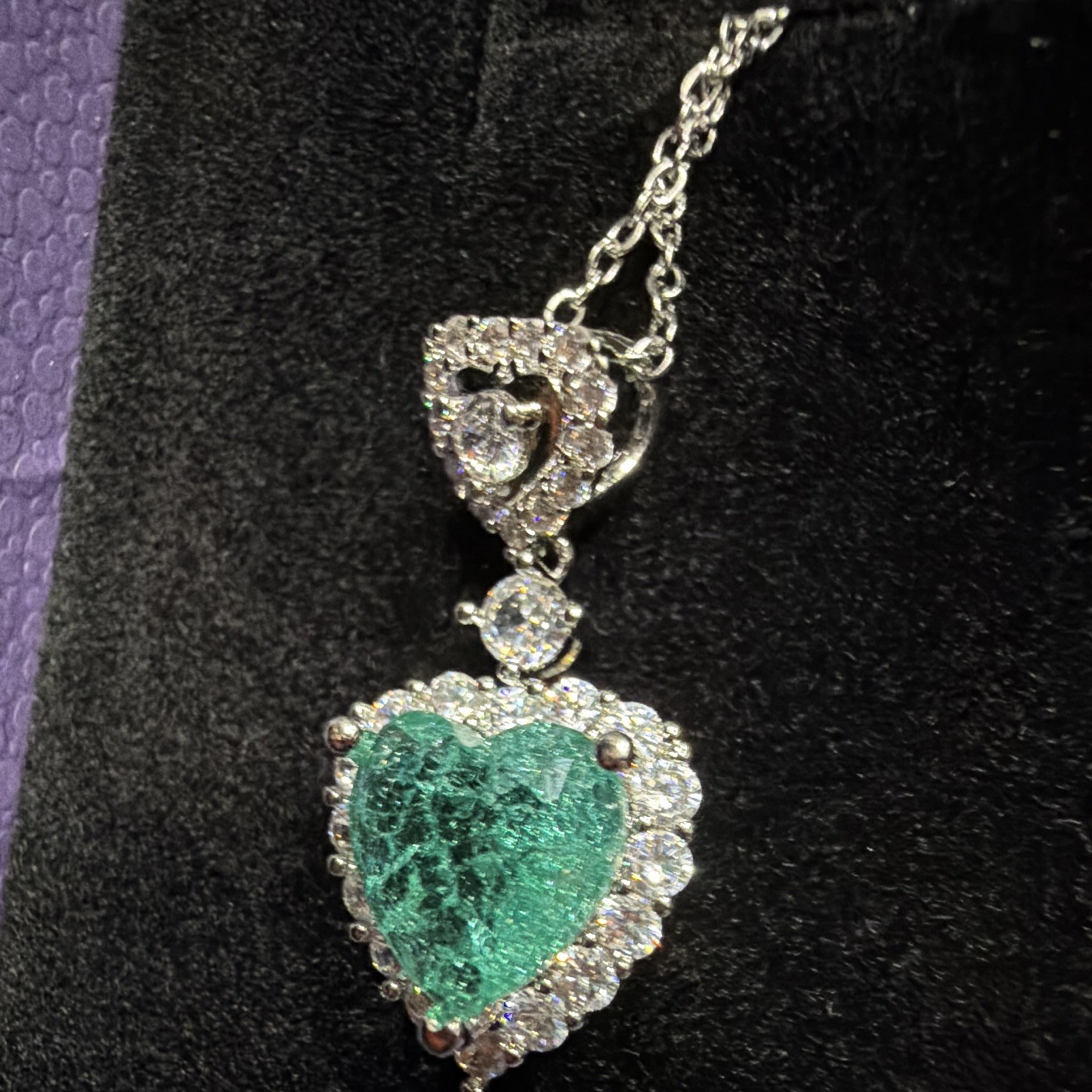 Silver-Tone Heart Charm Pendant Necklace Green topaz / moissanite diamonds