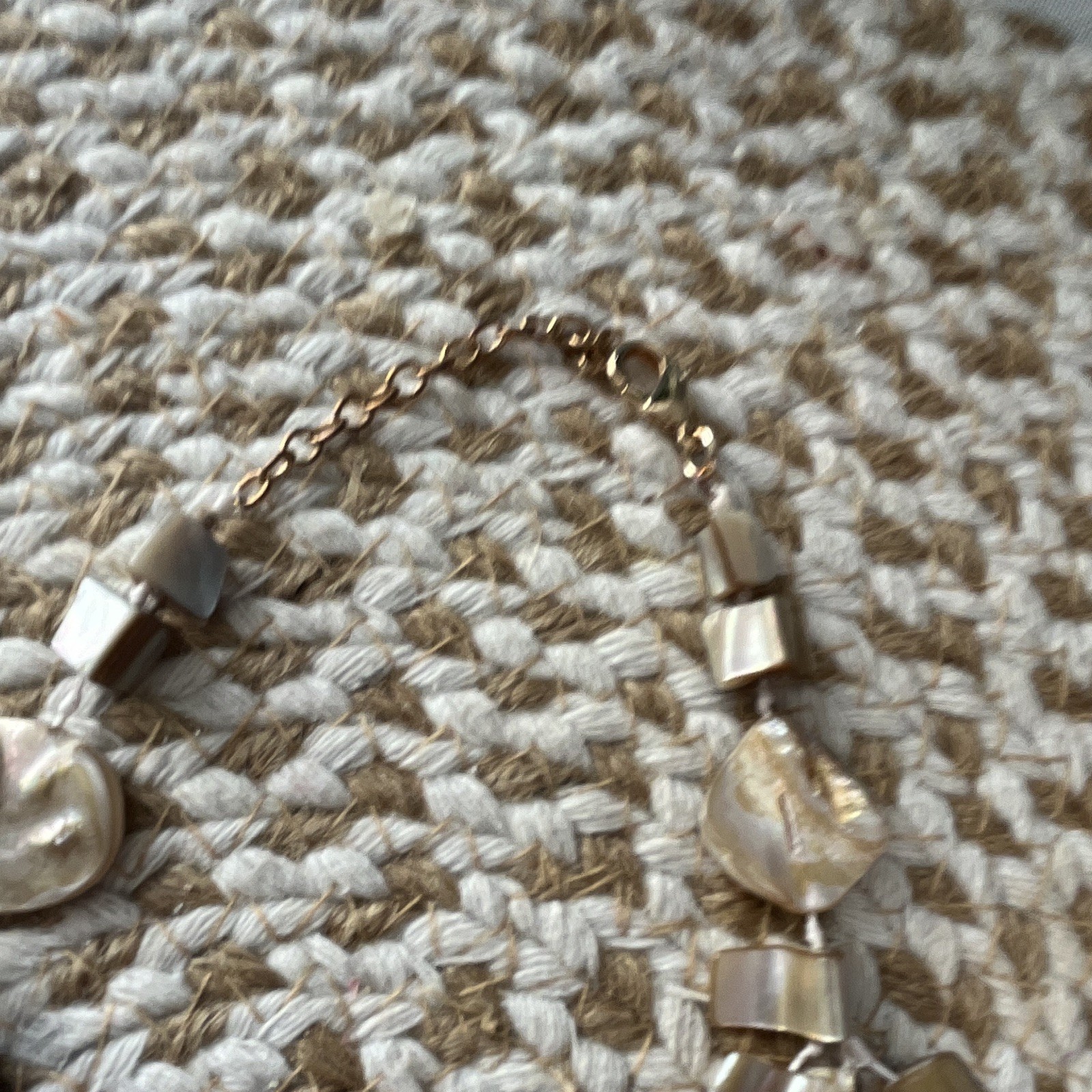 Multi-Strand Beige Square Shell Beaded Bib Necklace, Adjustable Lobster Clasp