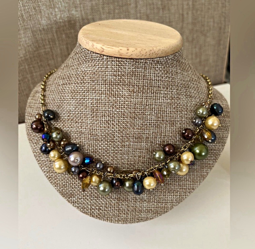 Multicolor Faux Pearl Crystal Cluster Beaded Cable Chain Necklace