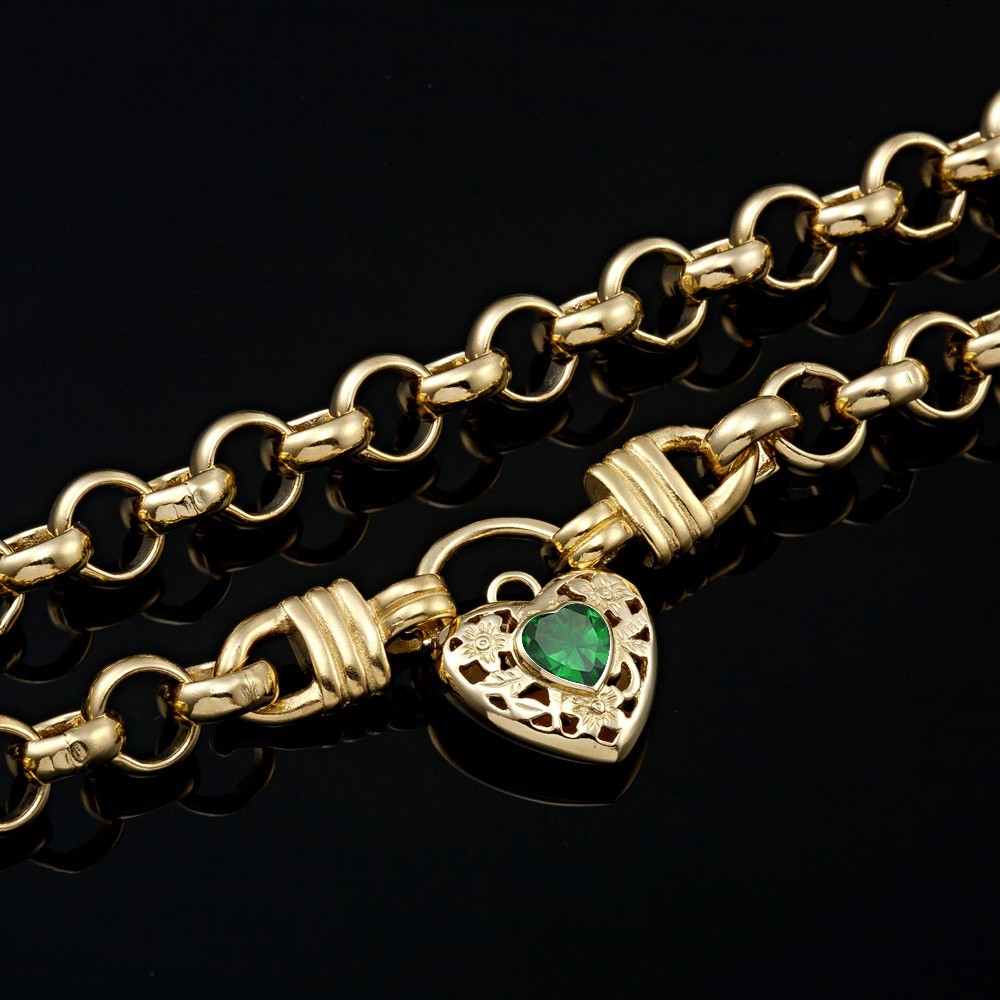 18K GL Thick Solid Rolo Yellow Gold Necklace Filigree Heart Padlock Emerald Gem