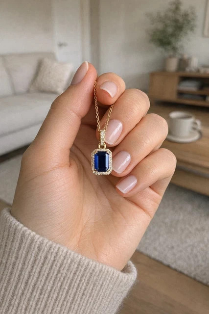 3Ct Emerald Cut Simulated Sapphire & Diamond Halo Pendant 14K Yellow Gold Plated