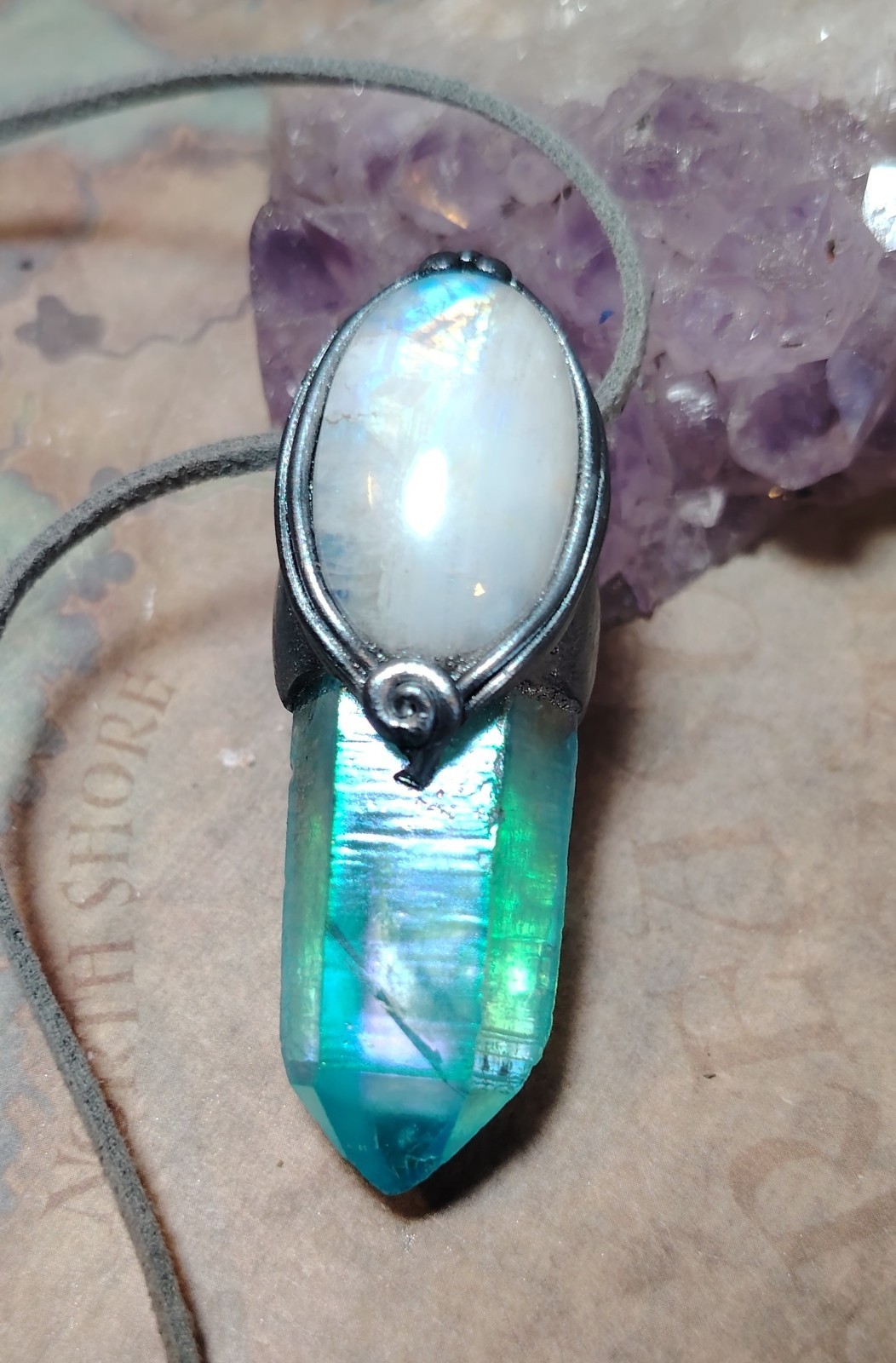 Moonlight. Moonstone Aqua Aura Quartz Crystal Pendant Necklace. Spiritual Gifts