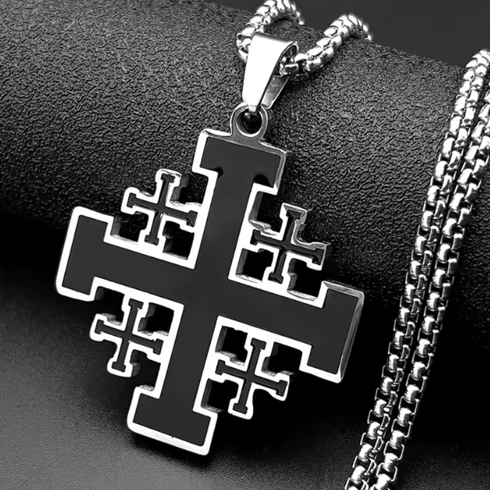 Stainless Steel Jerusalem Cross pendant + 60cm (23.6in) rounded box chain