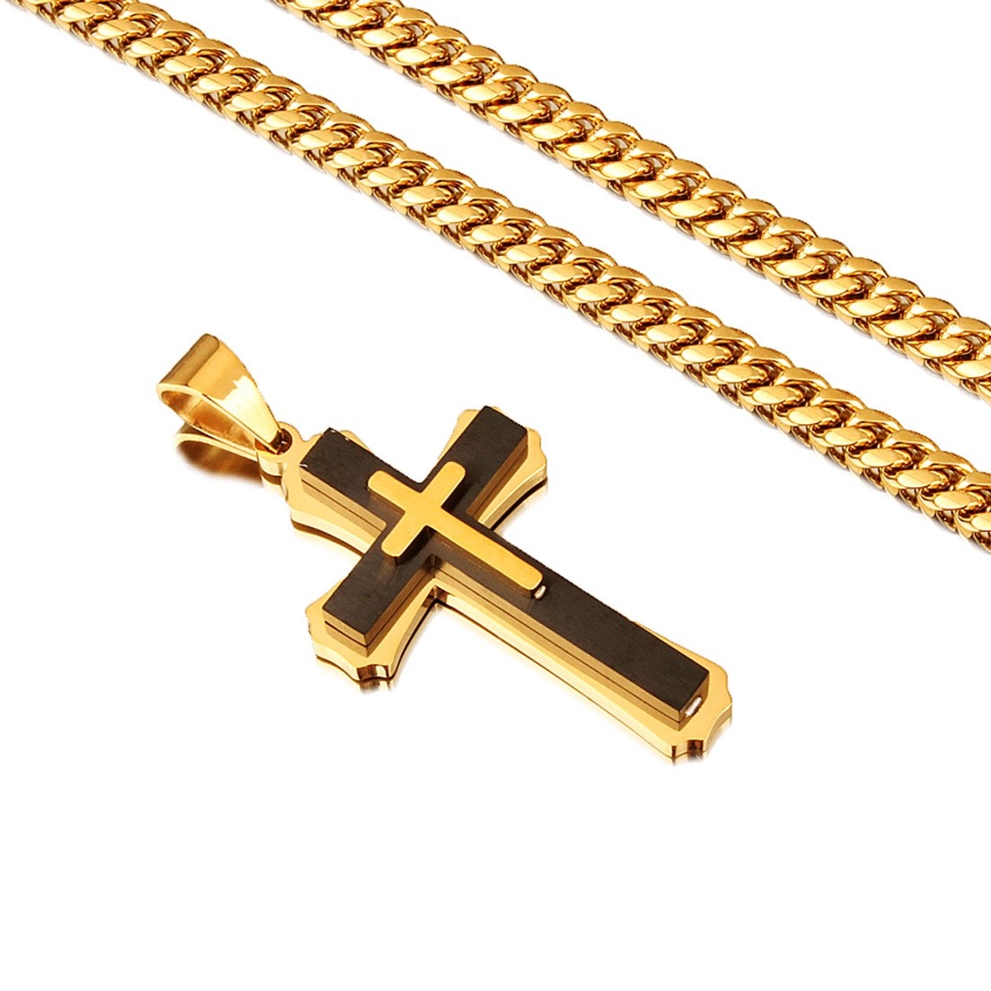 Men’s Stainless Steel Cross Necklace Cuban Chain Pendant Gold Silver Black 24