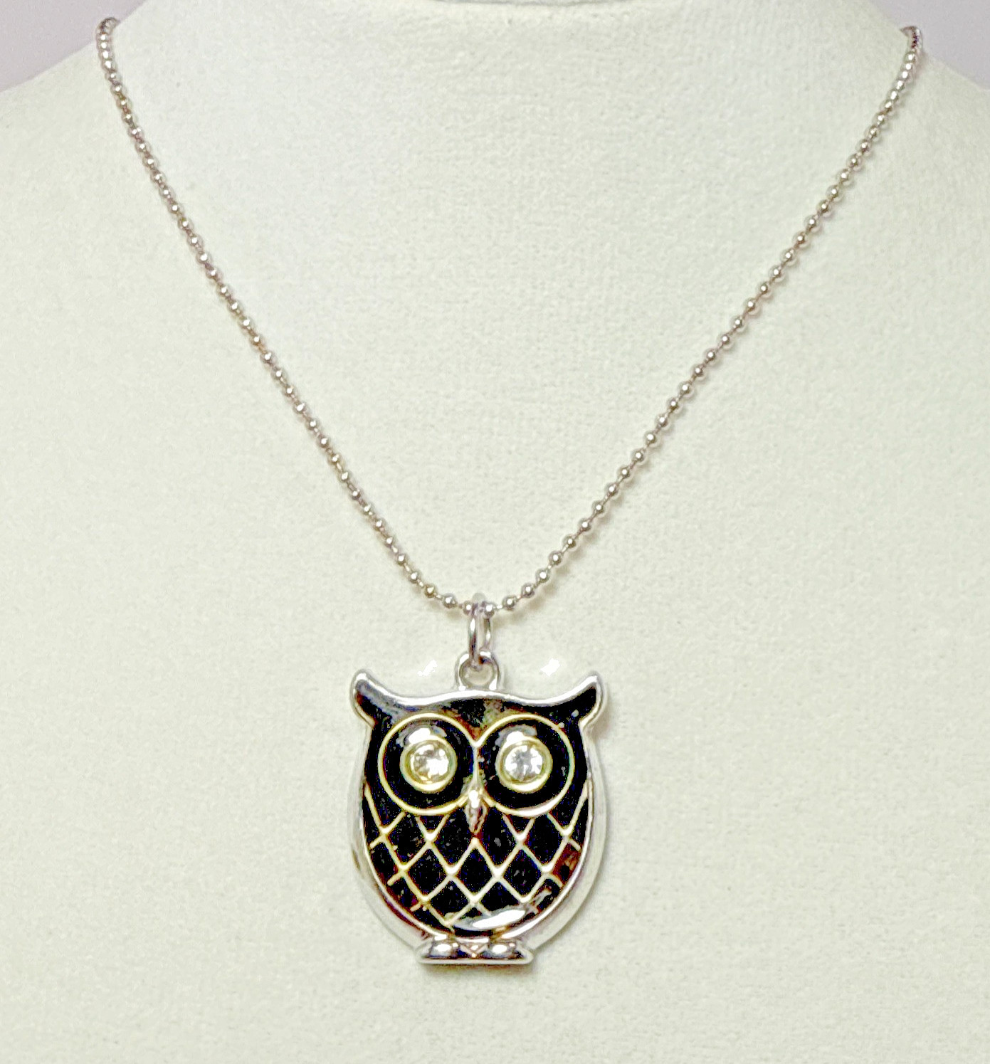 Vintage Owl Pendant Necklace Silver Tone Black Enamel Rhinestone Whimsical Boho