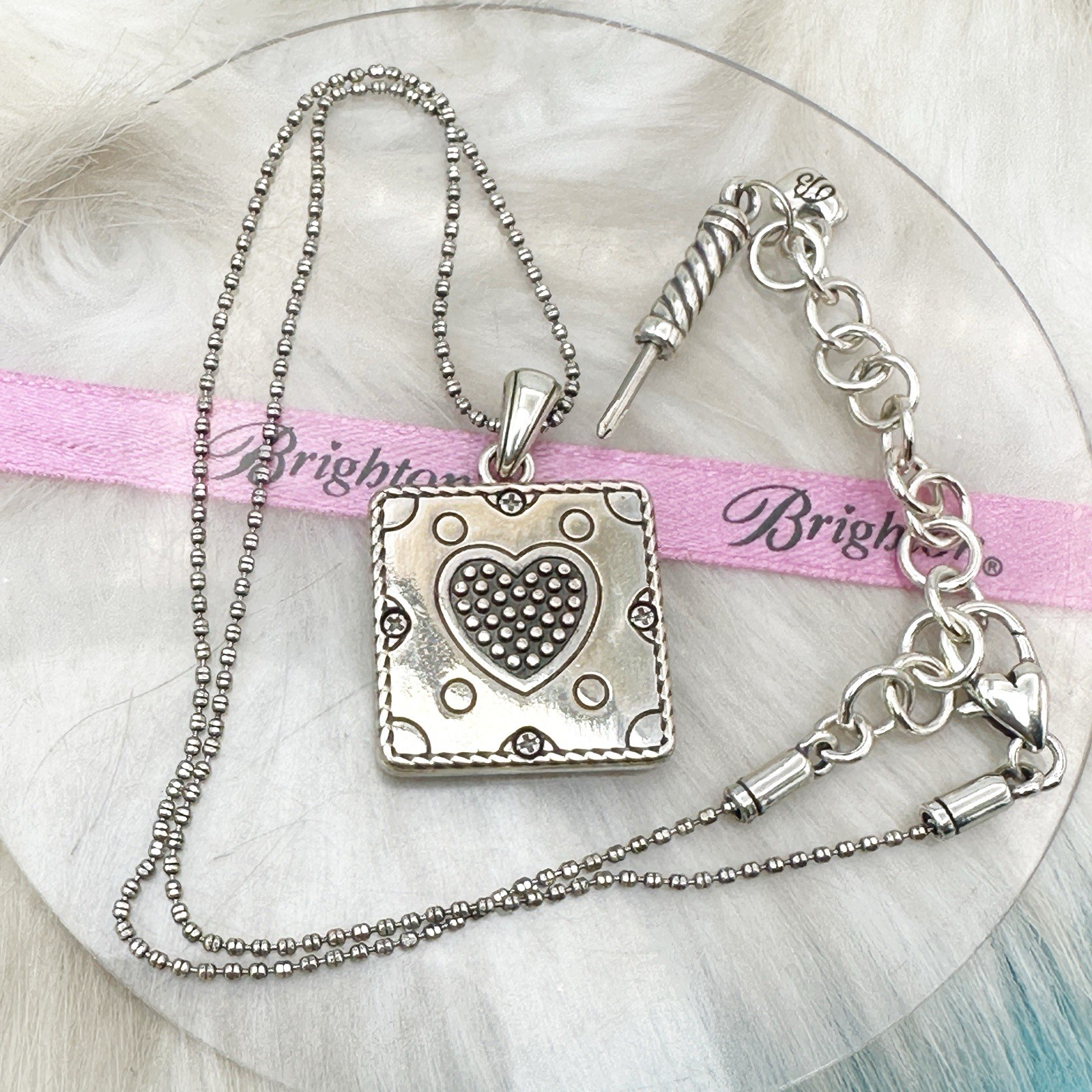 Brighton Momento Crystal Square Photo Locket Pendant Silver Plate Necklace