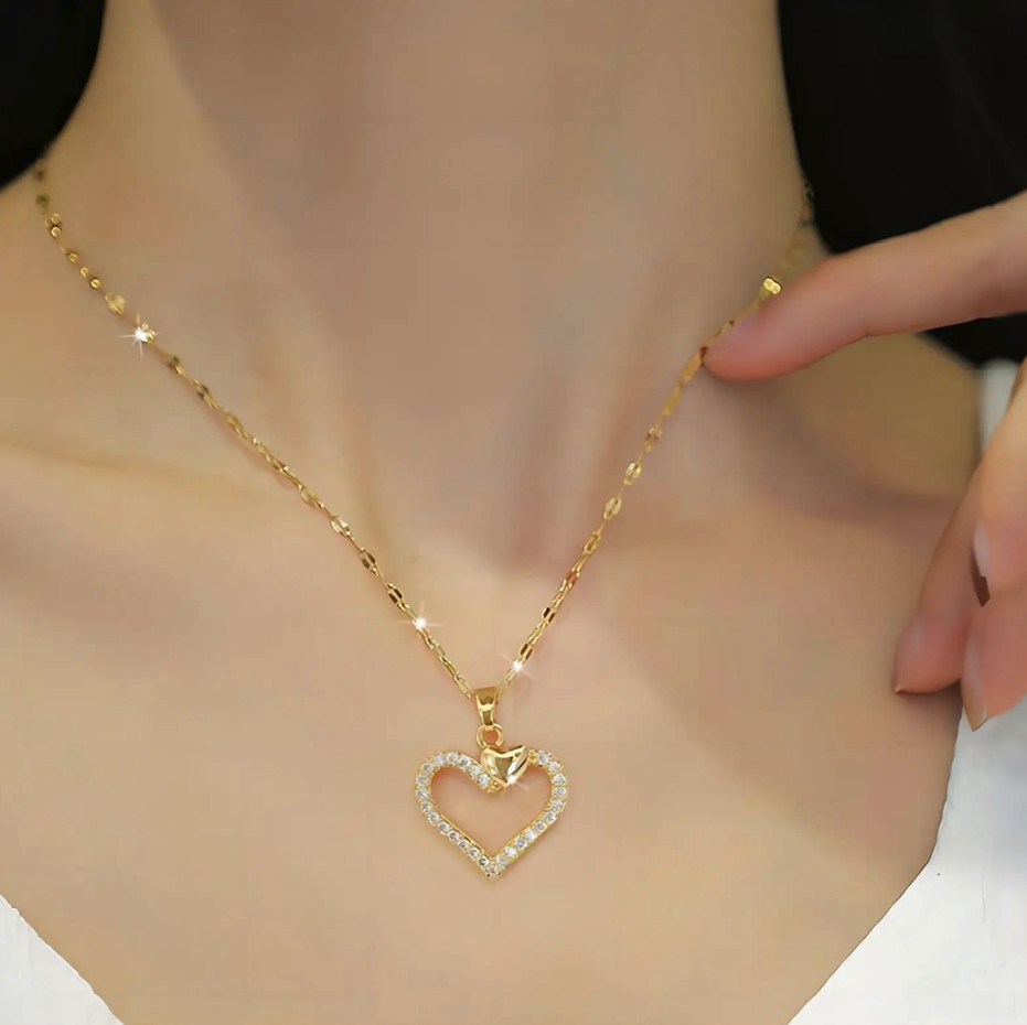 1pc Heart Zirconia Necklace Gold Color Stainless Steel O-Chain – NEW