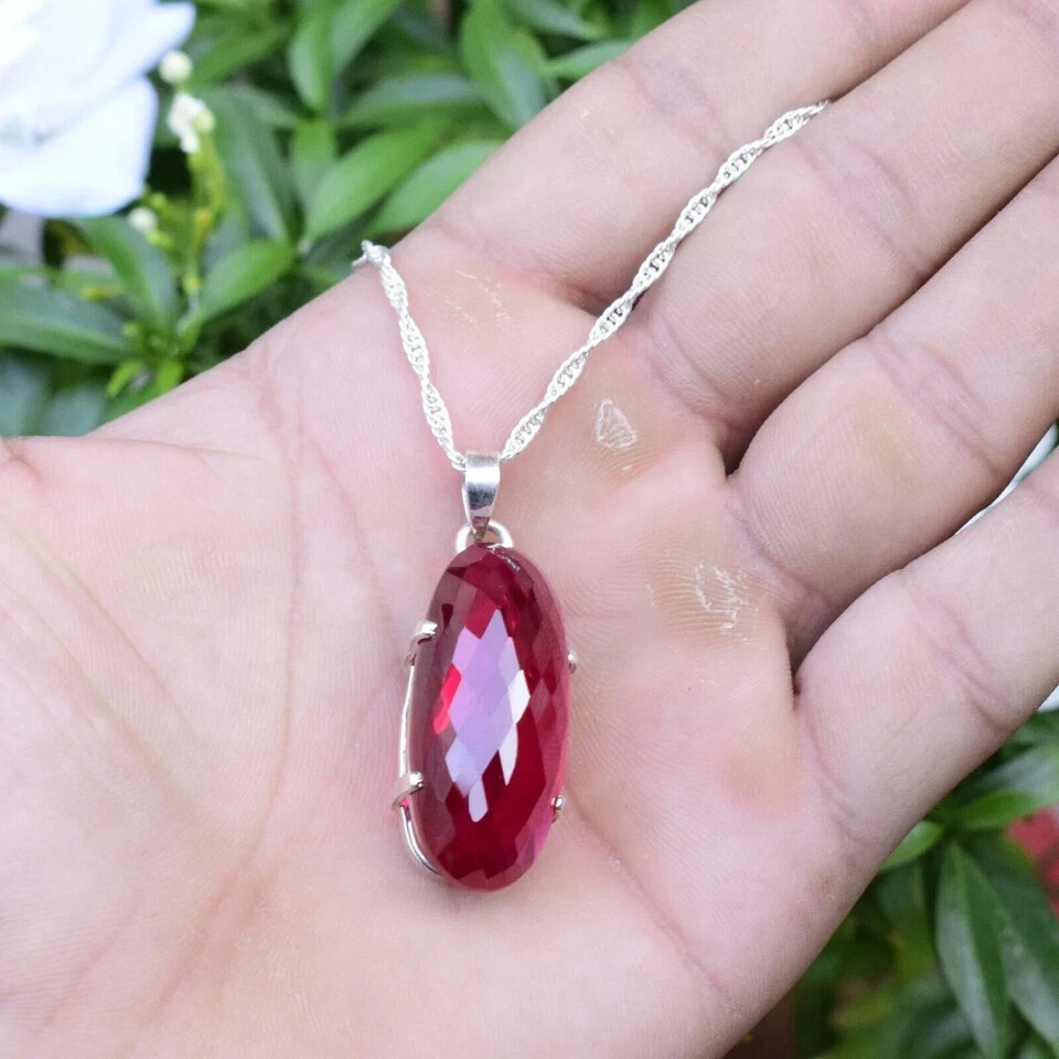 42 Ct Natural Red Ruby Pendant 925 Sterling Silver Cabochone Gemstone Jewelry