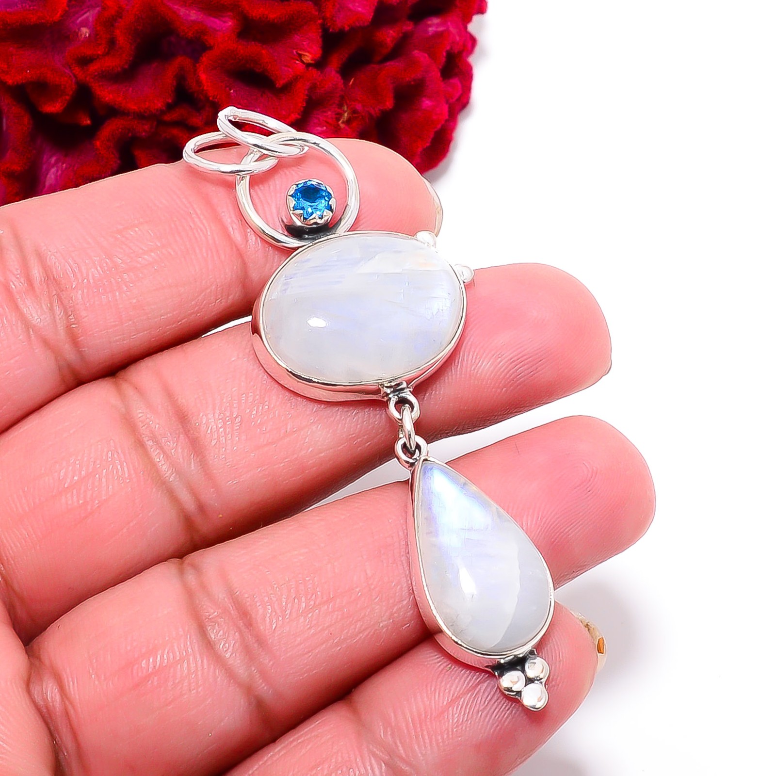 Rainbow Moonstone & Blue Topaz Handmade 925 Sterling Silver Pendant 2.81″ P46