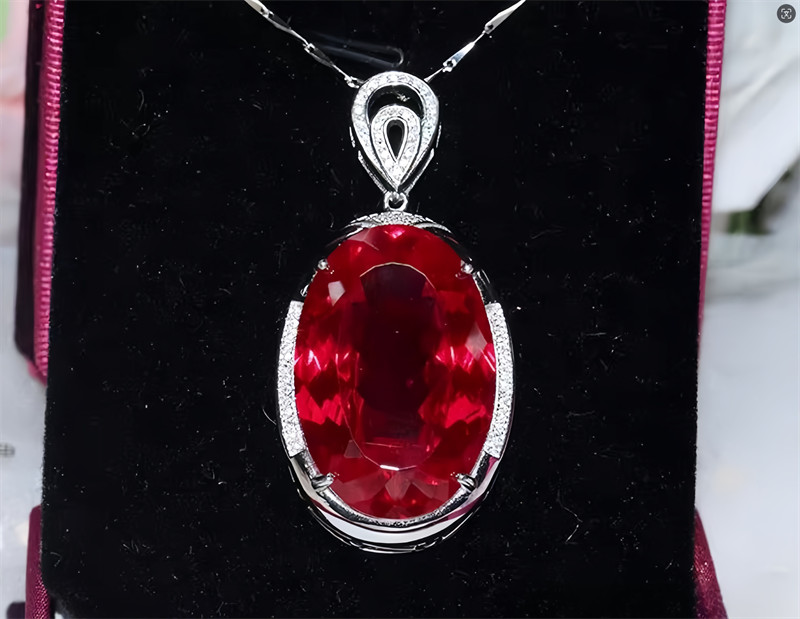 Top Big Oval Pigeon Blood Red Ruby Lab-Created Sterling Silver Pendant Necklace