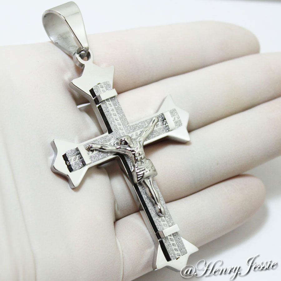18-40″MEN Stainless Steel 8mm Silver Interlock Chain Necklace Cross Pendant*MJ28