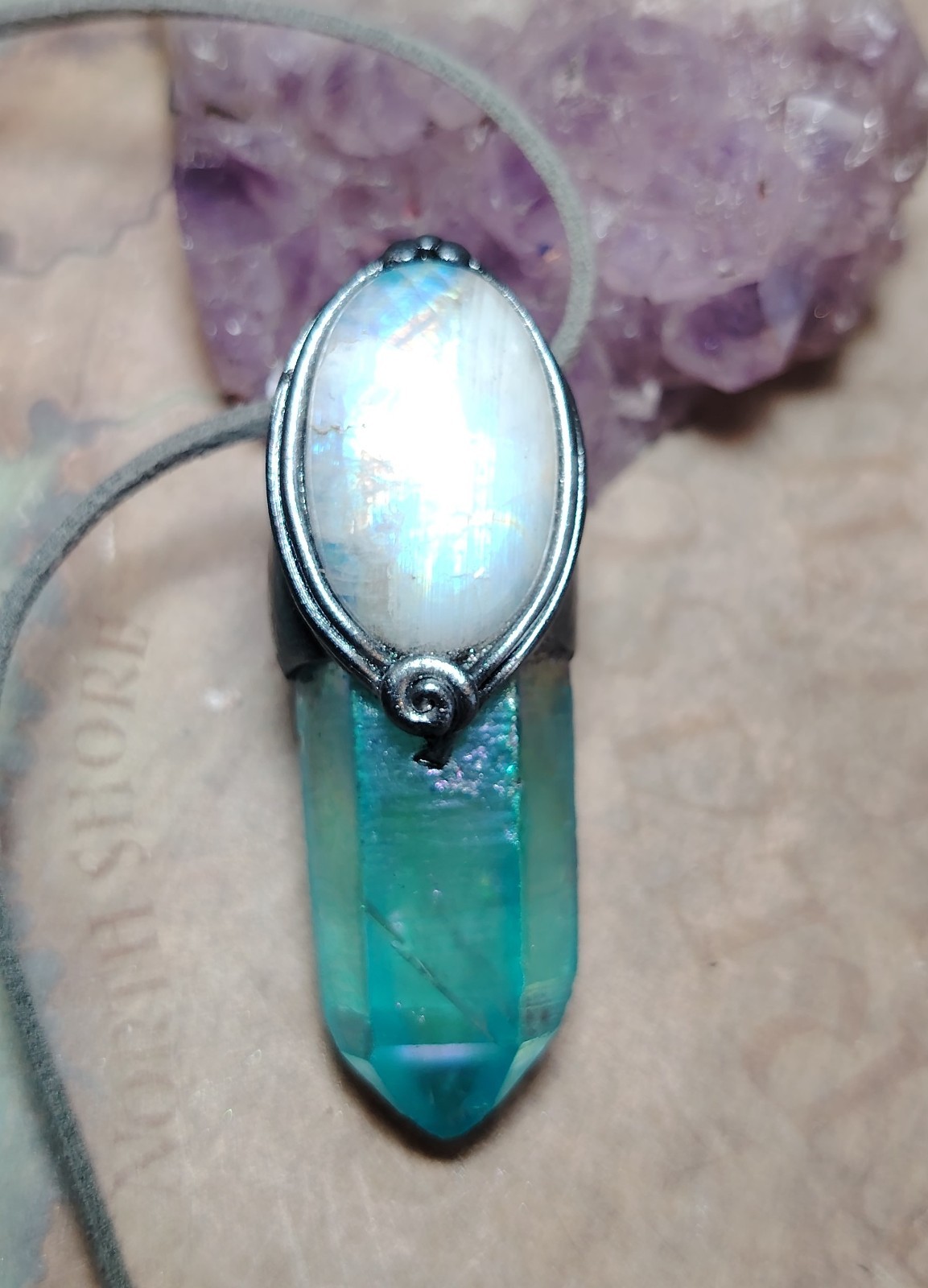 Moonlight. Moonstone Aqua Aura Quartz Crystal Pendant Necklace. Spiritual Gifts
